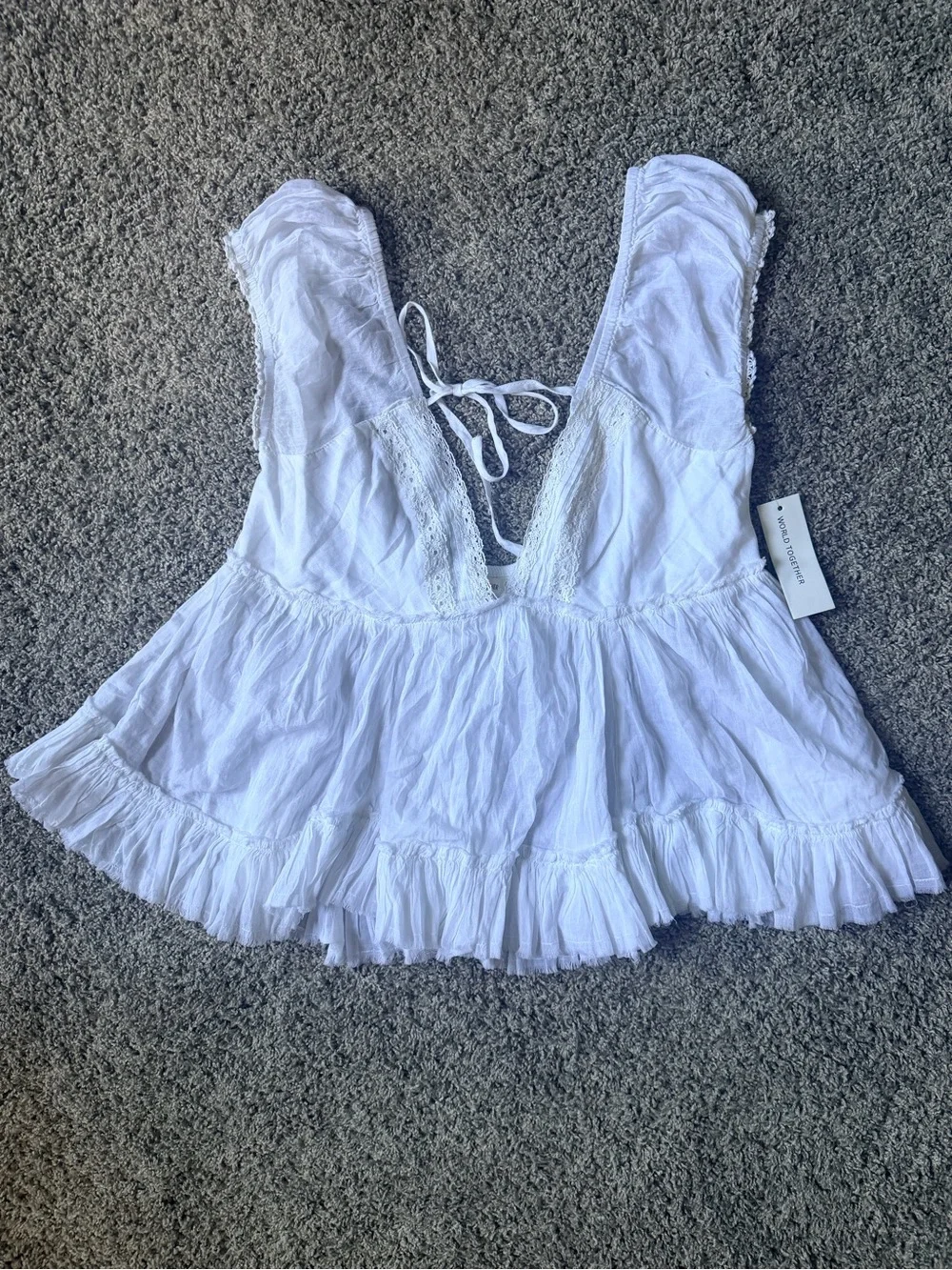 Together White Ruffled Cotton Peplum Tank Tie Back